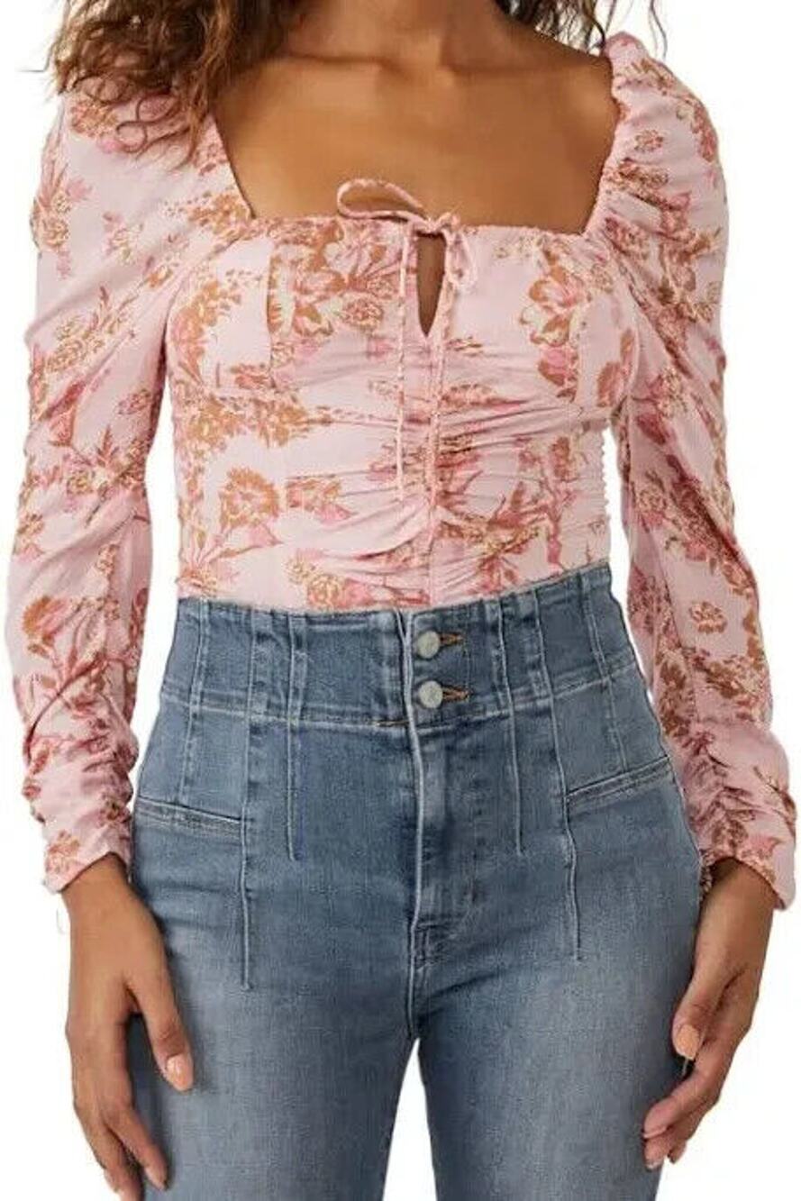 Free people Cropped Top Womens Large Pink Combo Hilary Printed Square Neck B96